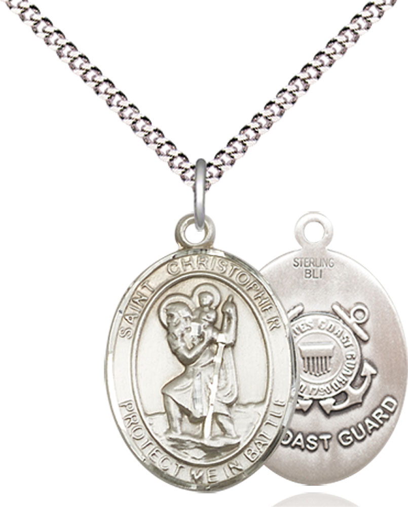 Sterling Silver Saint Christopher Coast Guard Pendant on a 18 inch Light Rhodium Light Curb chain