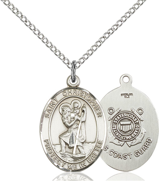 Sterling Silver Saint Christopher Coast Guard Pendant on a 18 inch Light Rhodium Light Curb chain