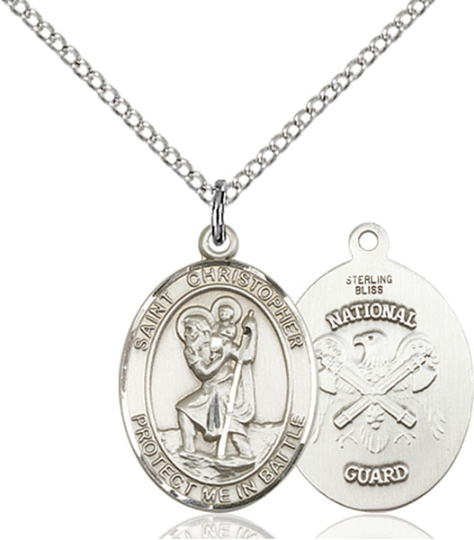 Sterling Silver Saint Christopher National Guard Pendant on a 18 inch Light Rhodium Light Curb chain