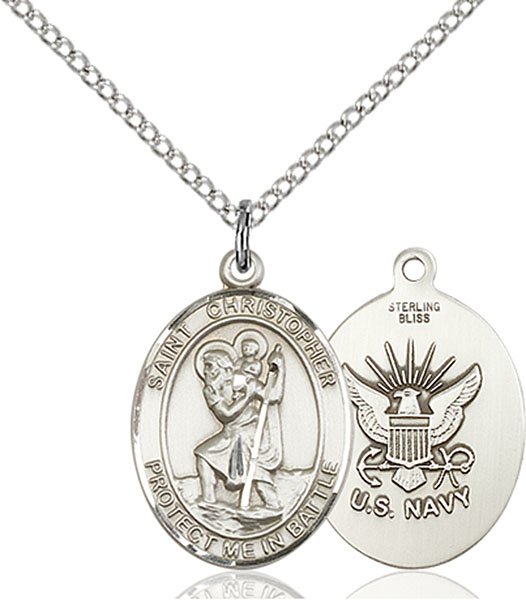Sterling Silver Saint Christopher Navy Pendant on a 18 inch Light Rhodium Light Curb chain