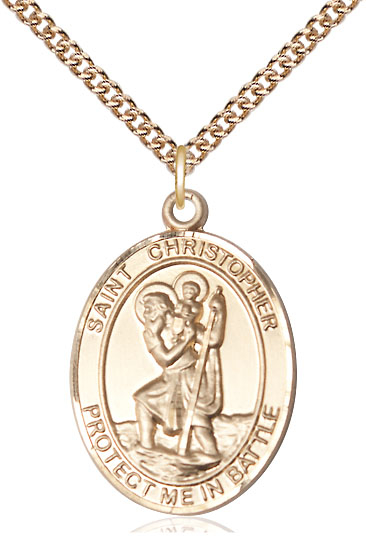 14kt Gold Filled Saint Christopher Pendant on a 24 inch Gold Filled Heavy Curb chain