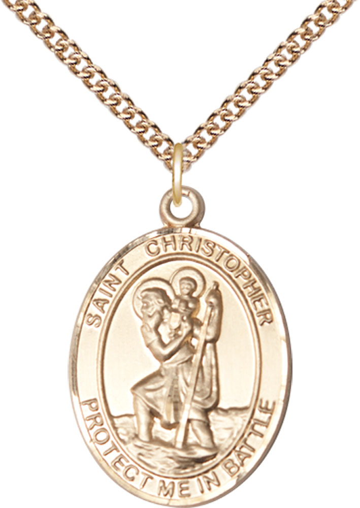 14kt Gold Filled Saint Christopher Pendant on a 24 inch Gold Filled Heavy Curb chain