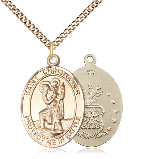 14kt Gold Filled Saint Christopher Air Force Pendant on a 24 inch Gold Filled Heavy Curb chain