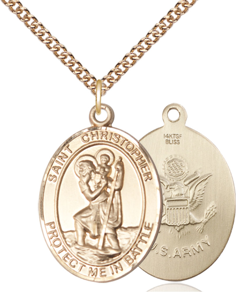 14kt Gold Filled Saint Christopher Army Pendant on a 24 inch Gold Filled Heavy Curb chain