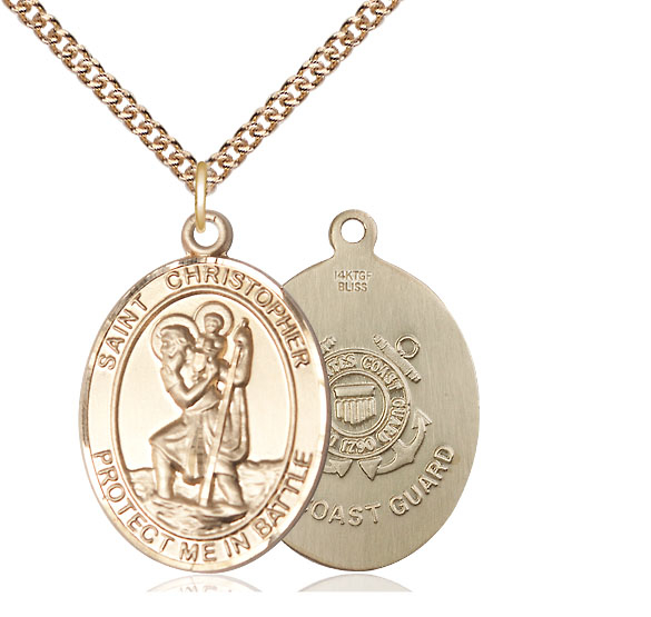 14kt Gold Filled Saint Christopher Coast Guard Pendant on a 24 inch Gold Filled Heavy Curb chain