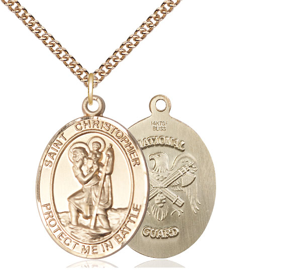 14kt Gold Filled Saint Christopher National Guard Pendant on a 24 inch Gold Filled Heavy Curb chain