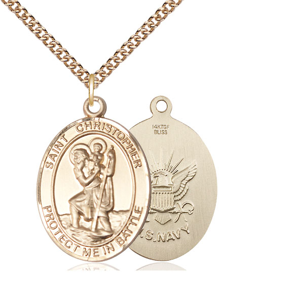 14kt Gold Filled Saint Christopher Navy Pendant on a 24 inch Gold Filled Heavy Curb chain