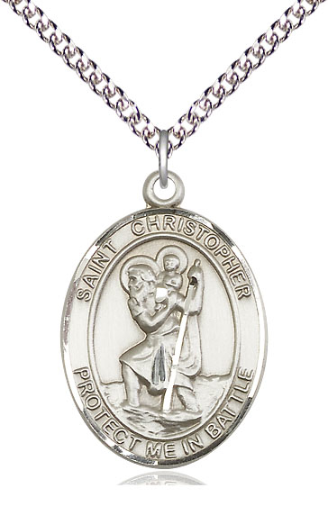 Sterling Silver Saint Christopher Pendant on a 24 inch Sterling Silver Heavy Curb chain