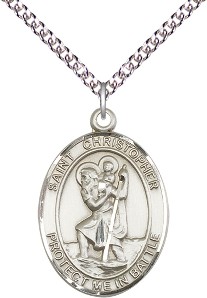 Sterling Silver Saint Christopher Pendant on a 24 inch Sterling Silver Heavy Curb chain