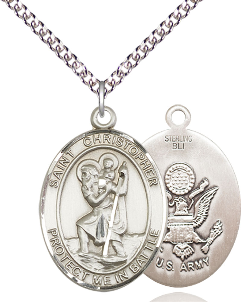 Sterling Silver Saint Christopher Army Pendant on a 24 inch Sterling Silver Heavy Curb chain