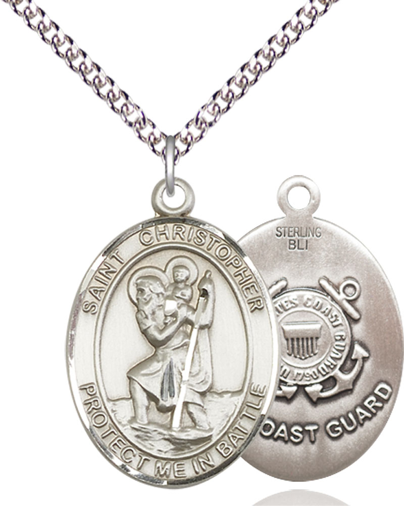 Sterling Silver Saint Christopher Coast Guard Pendant on a 24 inch Sterling Silver Heavy Curb chain