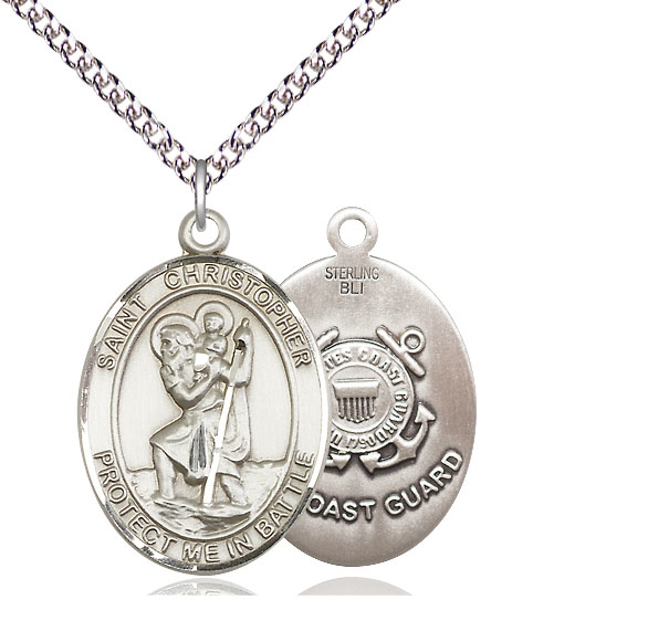 Sterling Silver Saint Christopher Coast Guard Pendant on a 24 inch Sterling Silver Heavy Curb chain
