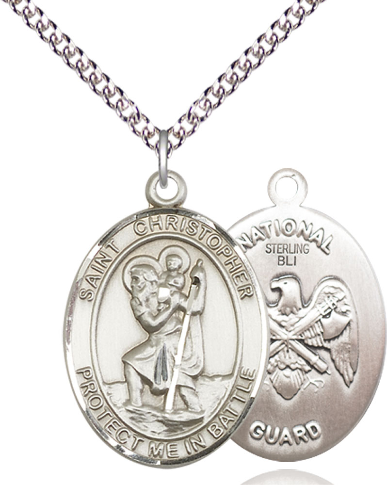 Sterling Silver Saint Christopher National Guard Pendant on a 24 inch Sterling Silver Heavy Curb chain