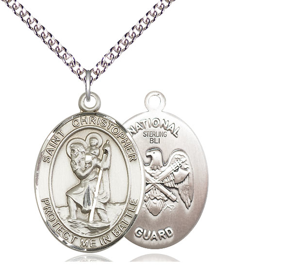 Sterling Silver Saint Christopher National Guard Pendant on a 24 inch Sterling Silver Heavy Curb chain