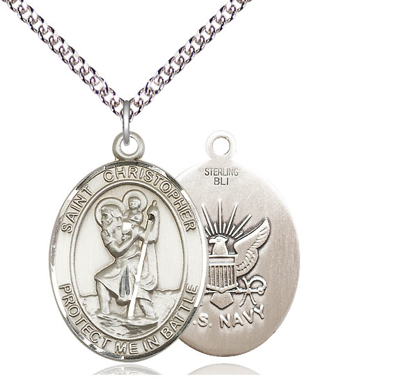 Sterling Silver Saint Christopher Navy Pendant on a 24 inch Sterling Silver Heavy Curb chain