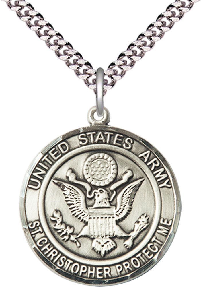 Sterling Silver Army St Christopher Pendant on a 24 inch Light Rhodium Heavy Curb chain