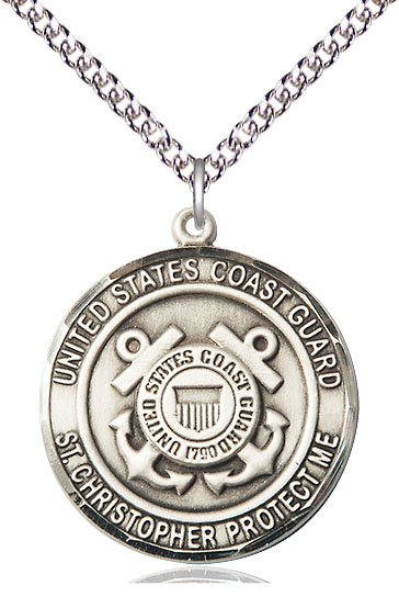 Sterling Silver Coast Guard St Christopher Pendant on a 24 inch Sterling Silver Heavy Curb chain