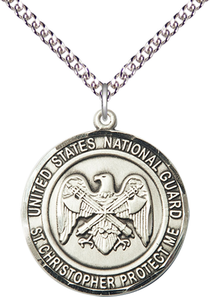 Sterling Silver National Guard St Christopher Pendant on a 24 inch Sterling Silver Heavy Curb chain