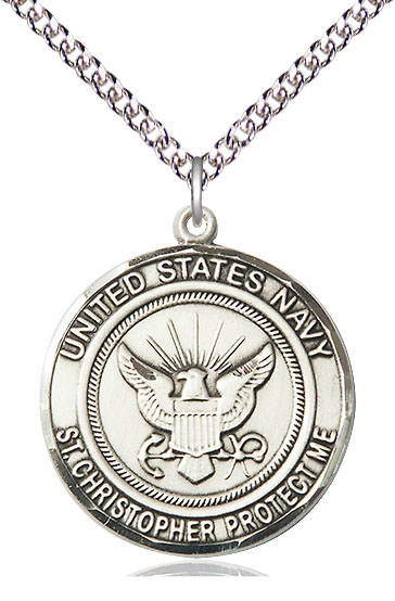 Sterling Silver Navy St Christopher Pendant on a 24 inch Sterling Silver Heavy Curb chain