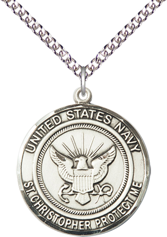 Sterling Silver Navy St Christopher Pendant on a 24 inch Sterling Silver Heavy Curb chain