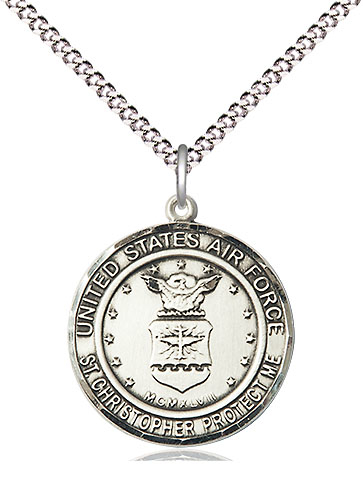 Sterling Silver Air Force St Christopher Pendant on a 18 inch Light Rhodium Light Curb chain