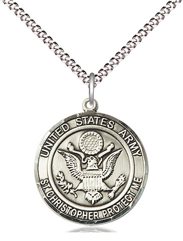 Sterling Silver Army St Christopher Pendant on a 18 inch Light Rhodium Light Curb chain