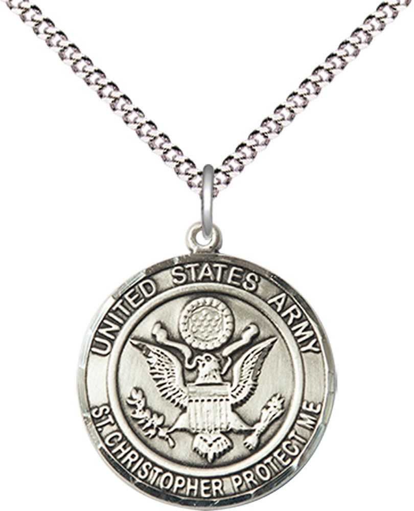 Sterling Silver Army St Christopher Pendant on a 18 inch Light Rhodium Light Curb chain