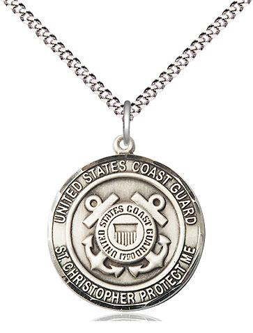 Sterling Silver Coast Guard St Christopher Pendant on a 18 inch Light Rhodium Light Curb chain