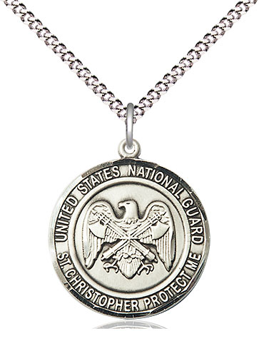 Sterling Silver National Guard St Christopher Pendant on a 18 inch Light Rhodium Light Curb chain