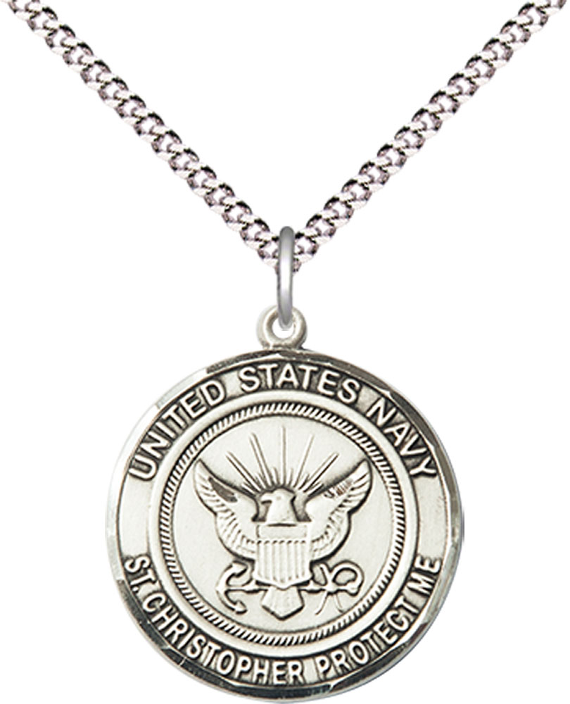 Sterling Silver Navy St Christopher Pendant on a 18 inch Light Rhodium Light Curb chain