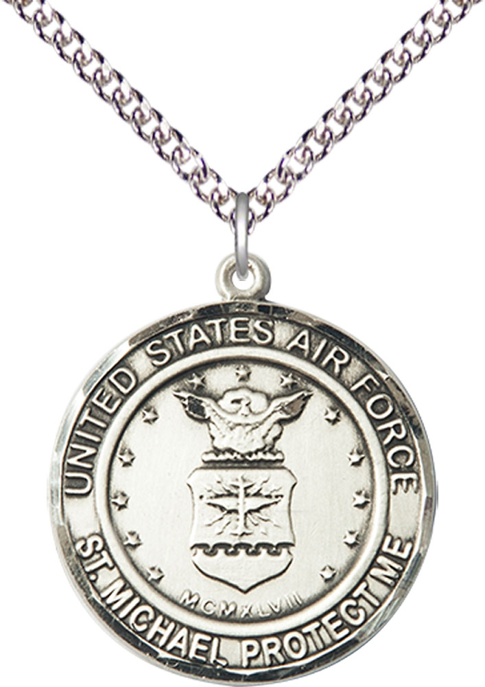 Sterling Silver Air Force St Michael Pendant on a 24 inch Sterling Silver Heavy Curb chain