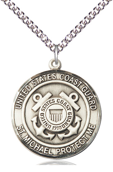 Sterling Silver Coast Guard St Michael Pendant on a 24 inch Sterling Silver Heavy Curb chain