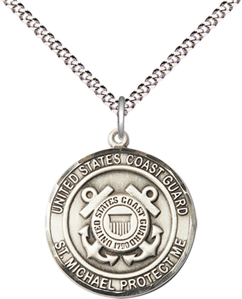 Sterling Silver Coast Guard St Michael Pendant on a 18 inch Light Rhodium Light Curb chain