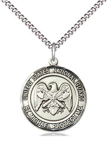 Sterling Silver National Guard St Michael Pendant on a 18 inch Light Rhodium Light Curb chain