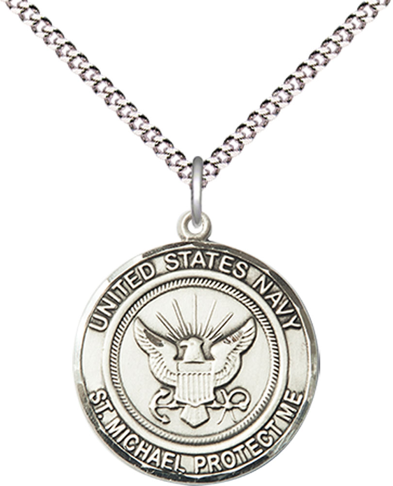 Sterling Silver Navy St Michael Pendant on a 18 inch Light Rhodium Light Curb chain