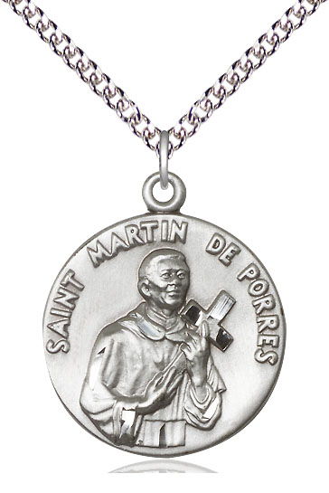 Sterling Silver Saint Martin de Porres Pendant on a 24 inch Sterling Silver Heavy Curb chain