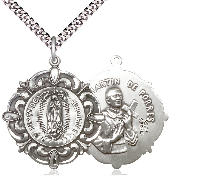 Sterling Silver Our Lady of Guadalupe Pendant on a 24 inch Light Rhodium Heavy Curb chain