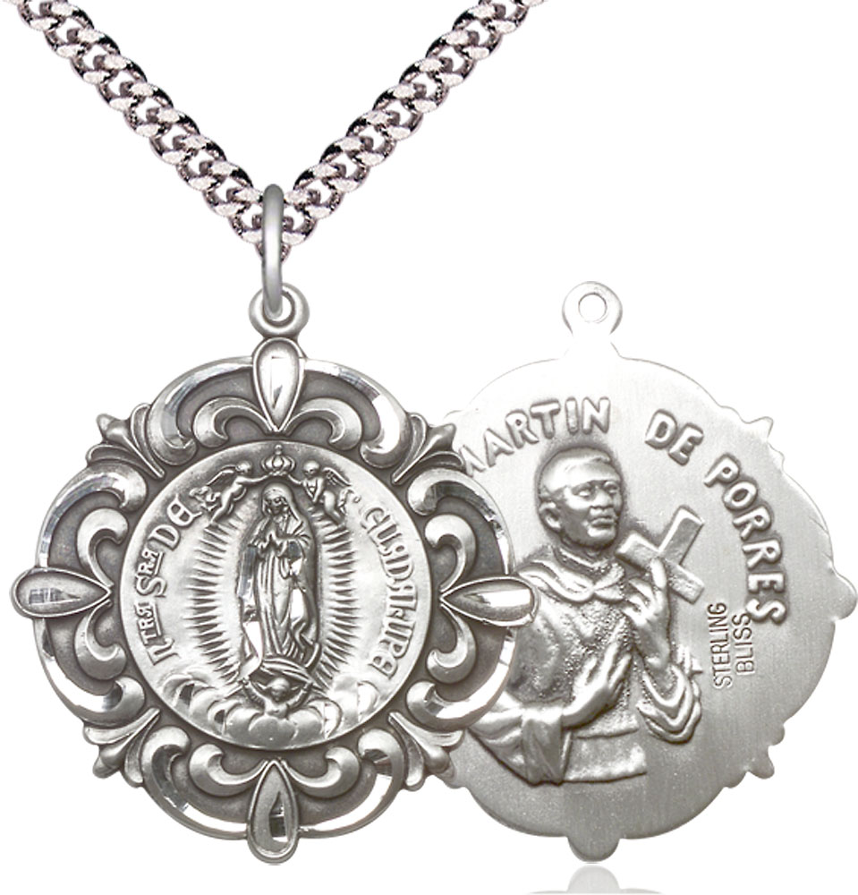 Sterling Silver Our Lady of Guadalupe Pendant on a 24 inch Light Rhodium Heavy Curb chain