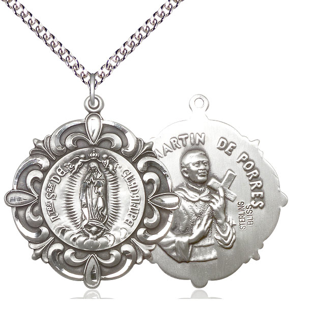 Sterling Silver Our Lady of Guadalupe Pendant on a 24 inch Sterling Silver Heavy Curb chain