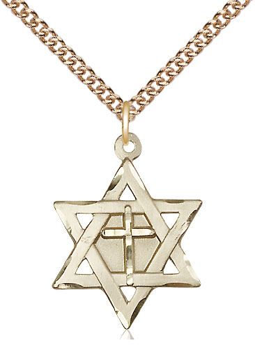 14kt Gold Filled Star of David w/ Cross Pendant on a 24 inch Gold Filled Heavy Curb chain