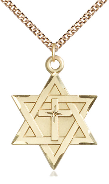 14kt Gold Filled Star of David w/ Cross Pendant on a 24 inch Gold Filled Heavy Curb chain