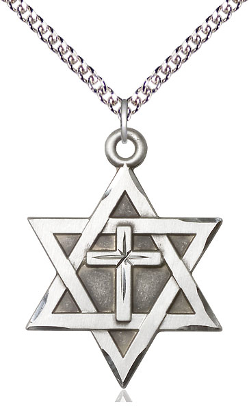 Sterling Silver Star of David w/ Cross Pendant on a 24 inch Sterling Silver Heavy Curb chain