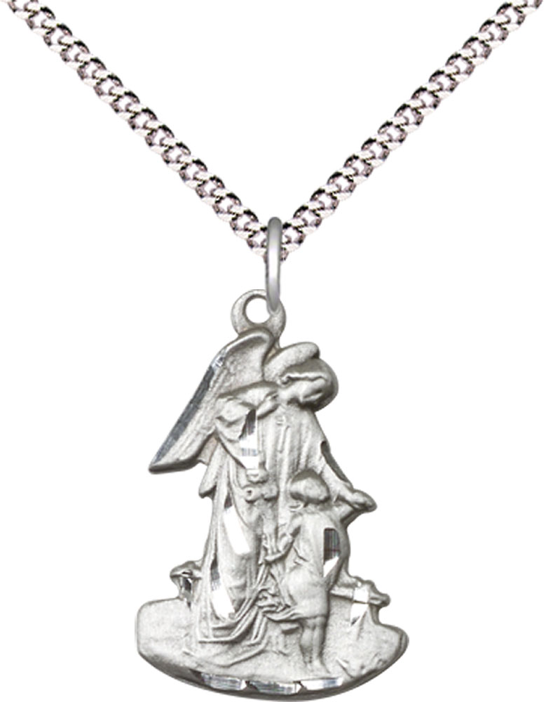 Sterling Silver Guardian Angel Pendant on a 18 inch Light Rhodium Light Curb chain
