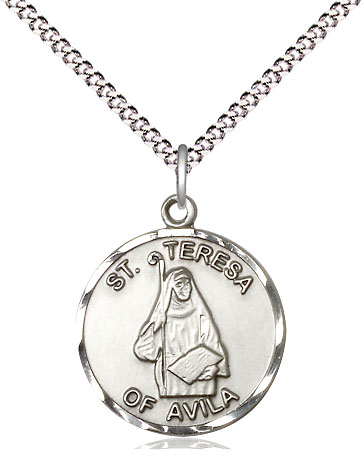 Sterling Silver Saint Theresa Pendant on a 18 inch Light Rhodium Light Curb chain