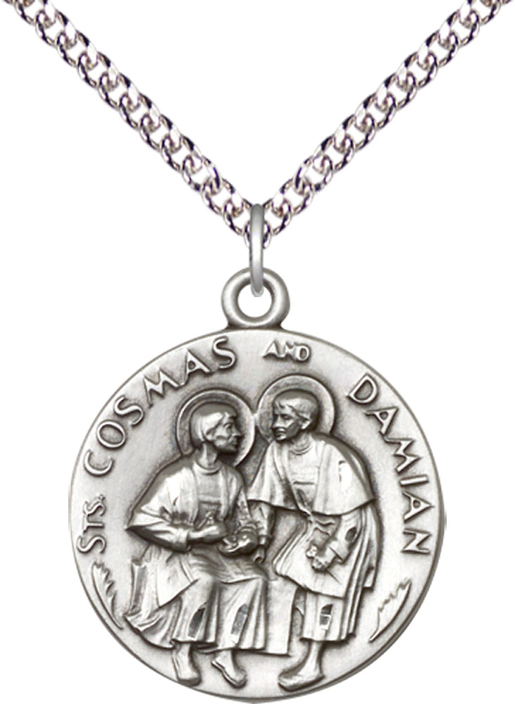 Sterling Silver Saints Cosmas &amp; Damian Pendant on a 24 inch Sterling Silver Heavy Curb chain