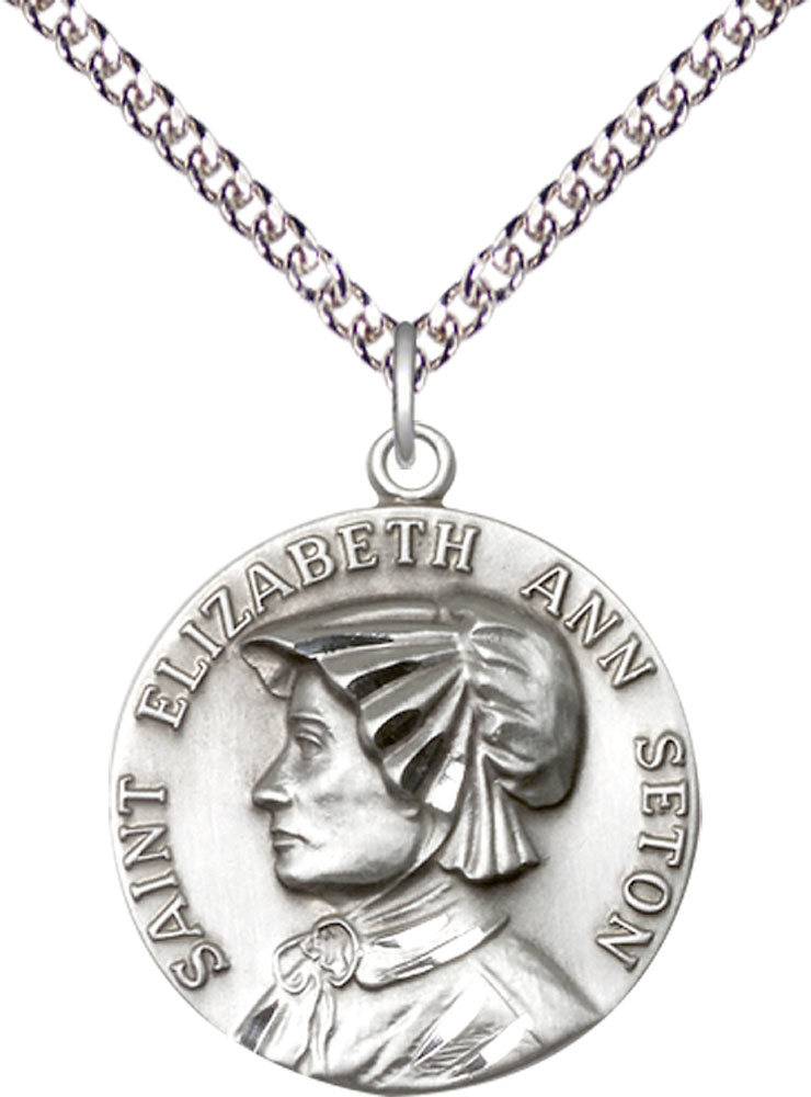 Sterling Silver Saint Elizabeth Ann Seton Pendant on a 24 inch Sterling Silver Heavy Curb chain