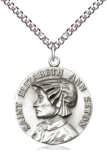 Sterling Silver Saint Elizabeth Ann Seton Pendant on a 24 inch Sterling Silver Heavy Curb chain