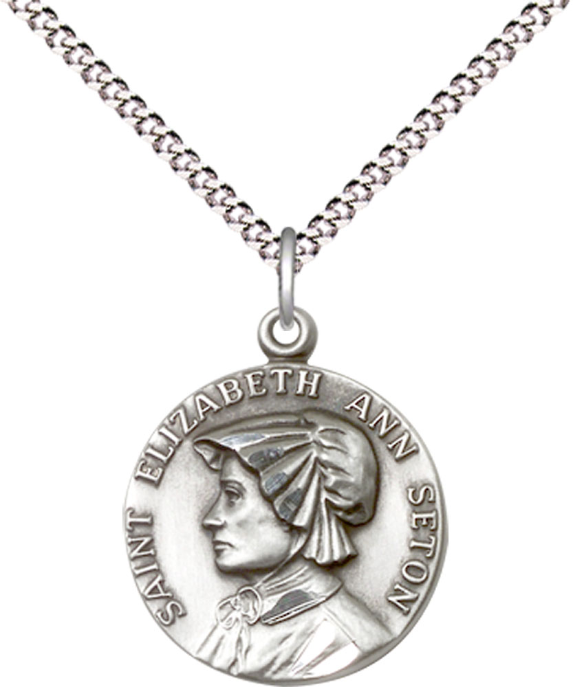 Sterling Silver Saint Elizabeth Ann Seton Pendant on a 18 inch Light Rhodium Light Curb chain