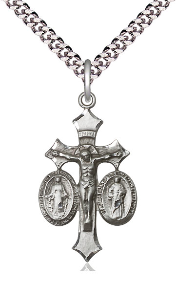 Sterling Silver Jesus, Mary &amp; Joseph Pendant on a 24 inch Light Rhodium Heavy Curb chain