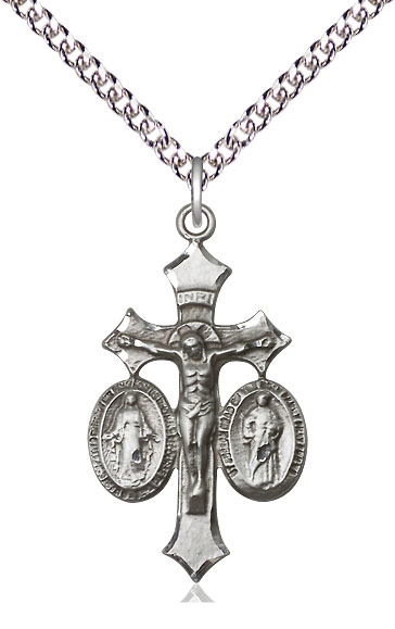 Sterling Silver Jesus, Mary &amp; Joseph Pendant on a 24 inch Sterling Silver Heavy Curb chain